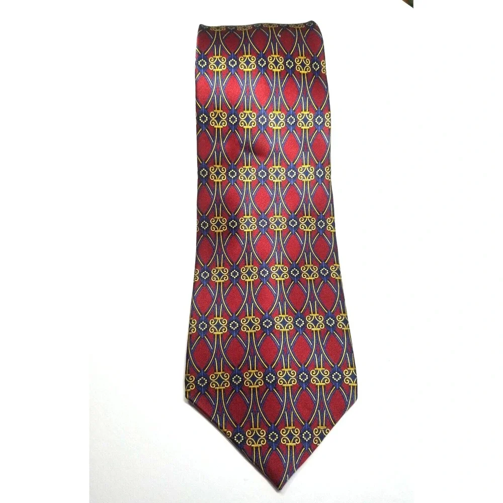 Gianfranco Ruffini Red Blue Gold Geometric Smooth Italian Silk Pointed Tie USA